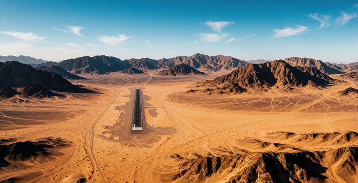 Aerial view of remote desert airstrip runway between rugged mountains. Long landing strip stretches through vast sandy landscape under clear blue sky. Empty wilderness terrain with sand dunes, rocky