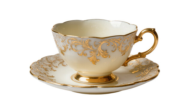 Ornate porcelain teacup and saucer with gold detailing, isolated on transparent background