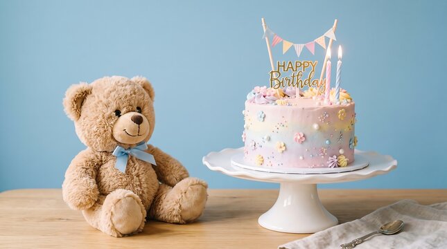 A cute teddy bear sitting next to a delicious cake with a happy birthday topper on a table