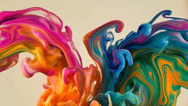 Colorful acrylic paint clouds disperse dynamic swirls of pink, orange, blue, and green ink underwater against a light backdrop.