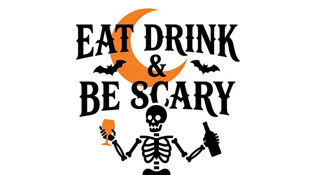 Eat drink and be scary halloween typography design with a skeleton holding a drink and a crescent moon