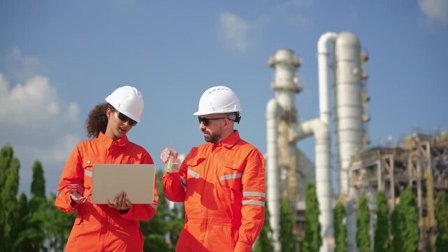 Industrial engineers inspecting an oil and gas refinery, reviewing plant operations and discussing maintenance, safety and energy infrastructure, refinery plant industry factory, Petrochemical plant.