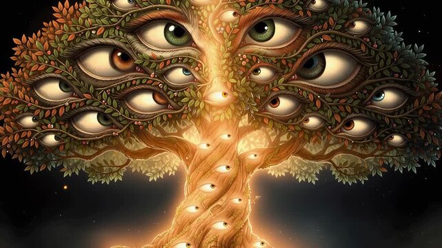 Mystical enchanted tree with multiple eyes observing magical forest surroundings fantasy nature