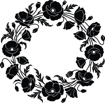 Floral Poppy Wreath Silhouette Vector Illustration Design