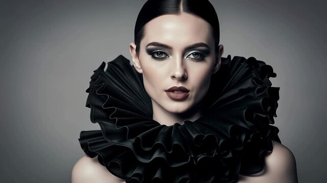 Elegant model with striking makeup and sophisticated ruffle fashion in a stylish beauty video
