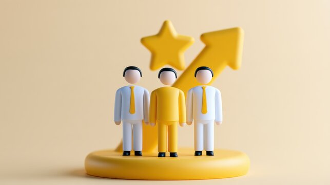 Three cartoonish figures stand on a pedestal with a golden arrow and star pointing upwards, symbolizing achievement and growth