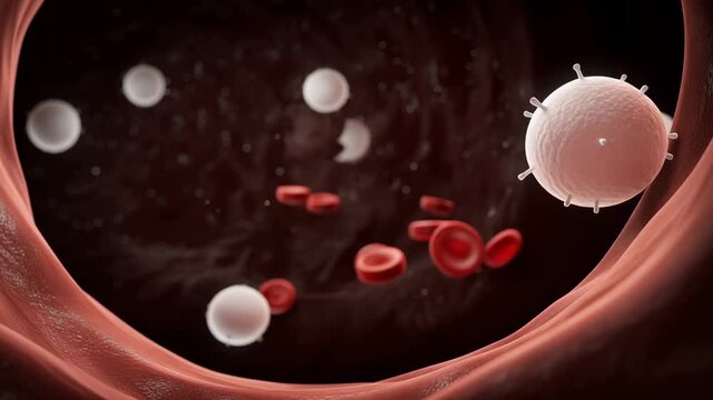 Explore the vibrant life inside a blood vessel with detailed views of cells and dynamic biological interactions