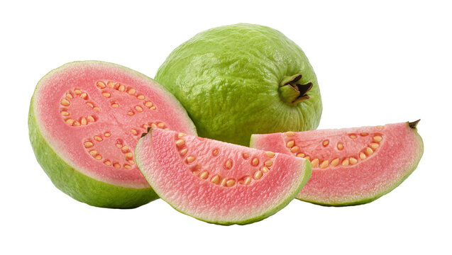 Whole and sliced pink guavas with visible seeds, isolated on transparent background