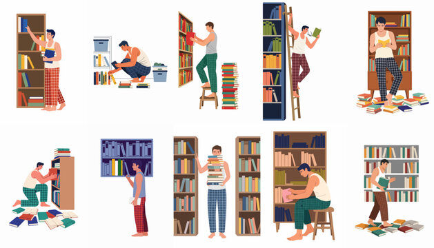 Vector illustration set of men organizing bookshelves, reading, and managing home libraries in casual loungewear on white background.