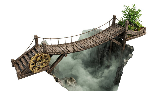Steampunk wooden suspension bridge over misty mountain rocks, rustic timber walkway with brass gears, fantasy rope bridge for gaming isolated PNG with Transparent Background