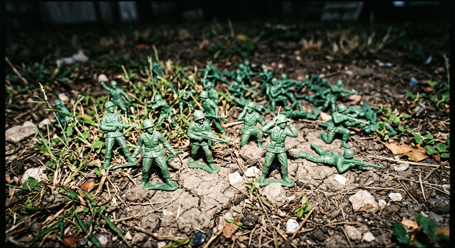 Green Plastic Toy Army Men Figures Set Up in Outdoor Dirt and Grass at Night