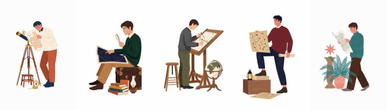 Flat vector illustration set of men exploring, studying maps, and using scientific equipment like telescopes and globes for research and discovery.