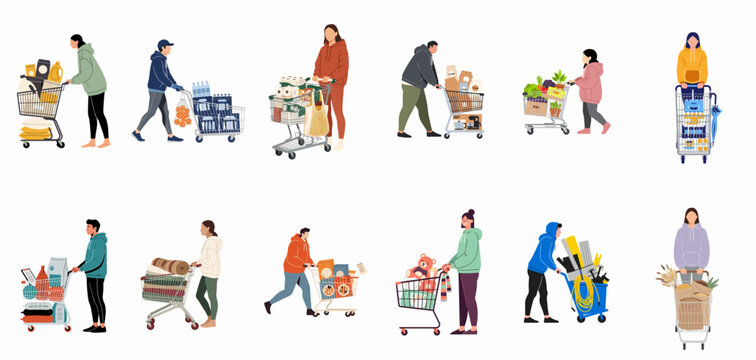 Large set of diverse people in flat vector style pushing shopping carts full of groceries and household items, isolated on white background