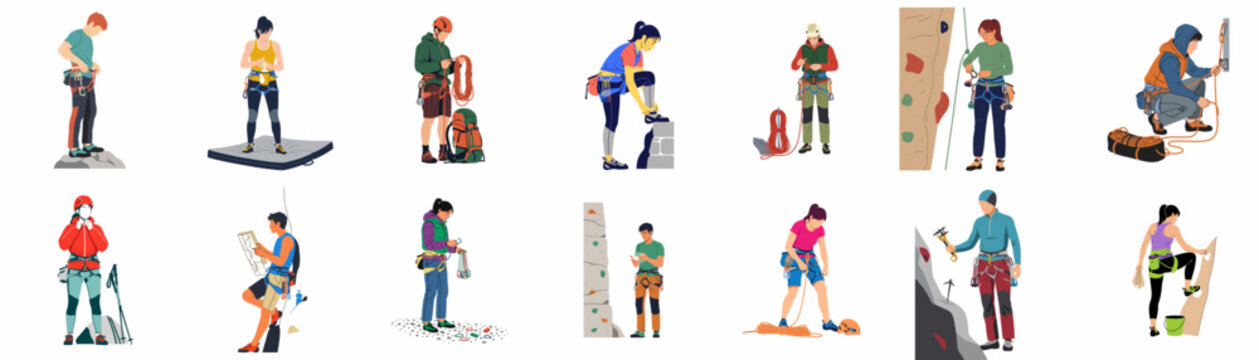Flat vector illustrations of diverse climbers and mountaineers in various poses and situations, wearing professional climbing gear on a white background.