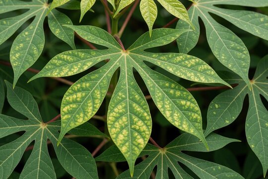 Green cassava leaves show yellow spots and visible veins. Detailed plant foliage grows in a garden setting with natural light. Healthy leaves form a textured background.
