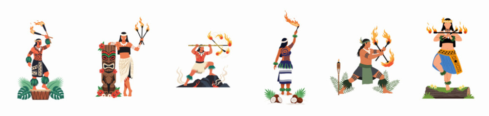 Fototapeta premium Collection of Polynesian and Hawaiian Dancers Performing Traditional Fire Dances with Torches in Flat Vector Illustration Style