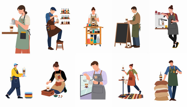 Collection of Flat Illustration Baristas Preparing and Serving Coffee in Various Poses and Settings