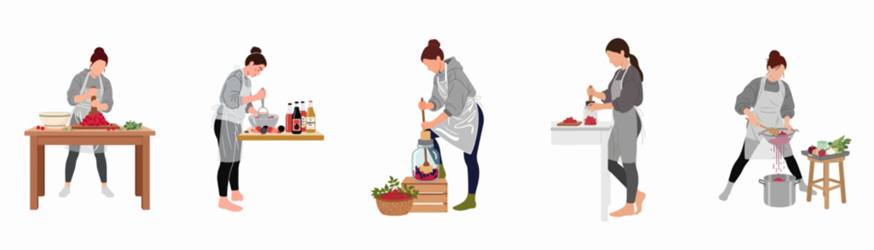 Set of flat illustrations of a woman in an apron processing and preparing red produce, like tomatoes or berries, on a white background.