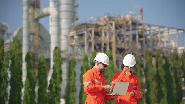 Industrial engineers inspecting an oil and gas refinery, reviewing plant operations and discussing maintenance, safety and energy infrastructure, refinery plant industry factory, Petrochemical plant.