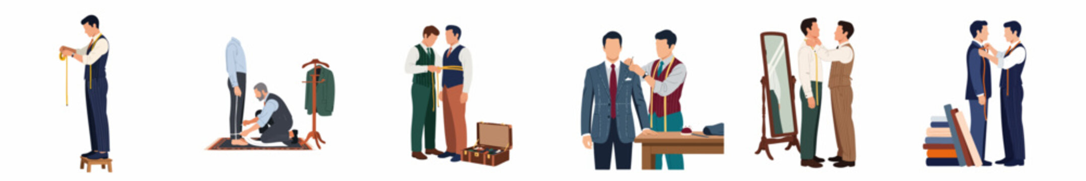 Set of professional tailor illustrations depicting bespoke suit measuring, fitting, and fabric selection for custom menswear.