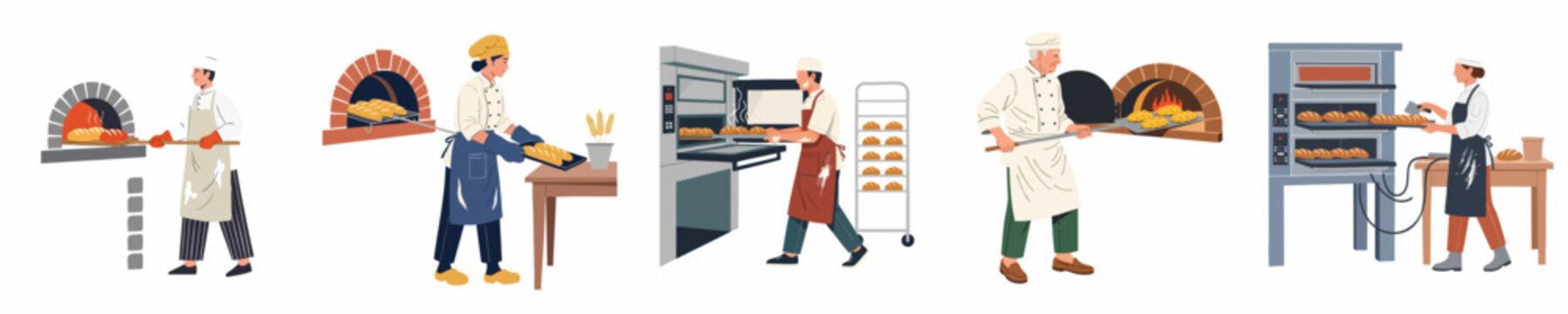Set of professional bakers in uniform using traditional and modern ovens to bake fresh bread and pastries, isolated on a white background.
