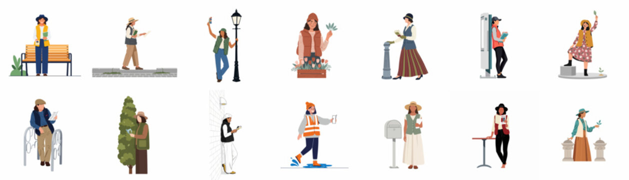 Set of flat vector illustrations depicting diverse people in various daily life activities and outdoor urban settings, isolated on a white background.