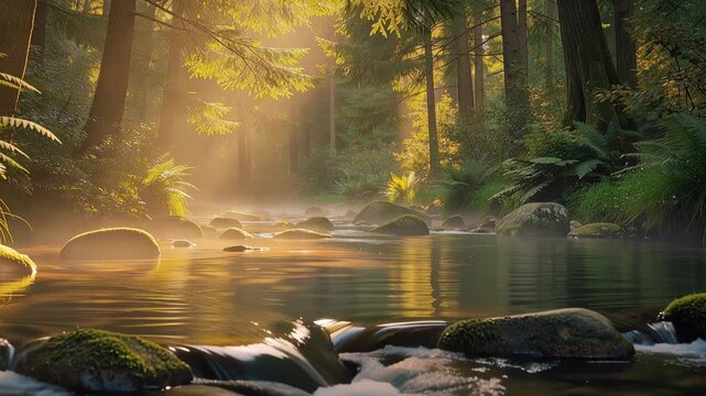 Tranquil sunlit forest stream with gentle flowing water and peaceful natural scenery