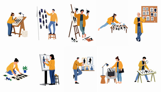 Flat vector illustration set of creative people, photographers, and artists working on visual projects, film editing, and photography curation.