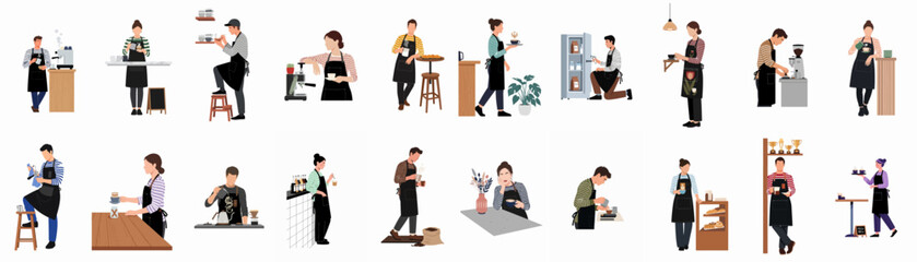 Obraz premium Set of minimalist flat vector illustrations featuring diverse baristas working in a cafe, brewing coffee, and performing various shop tasks.