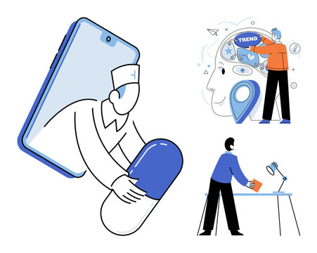 Doctor emerging from smartphone with pill and people working with brain concepts vector illustration. Telemedicine, pharmacy, mental health, business strategy, productivity, online consultation