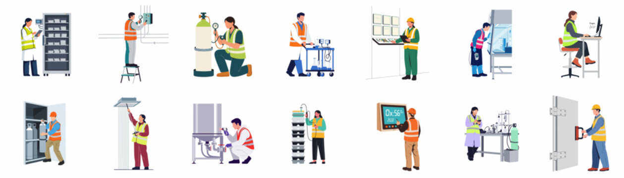 Collection of flat vector icons showing industrial and laboratory professionals at work in manufacturing, warehouse, and research facility settings.