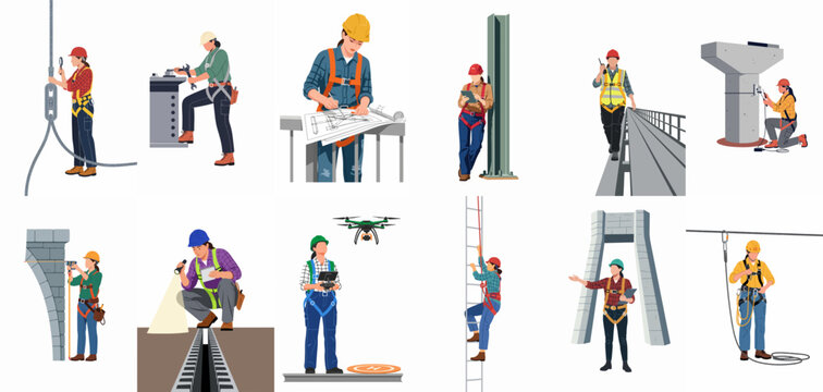 Set of vector illustrations featuring female construction workers, engineers, and technicians performing various industrial and infrastructure maintenance tasks wearing safety gear.