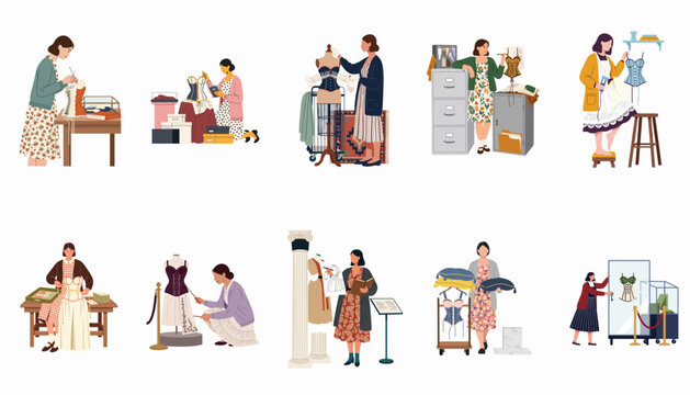 Flat vector illustrations set of diverse women working in fashion design, museum curation, and garment making industries.