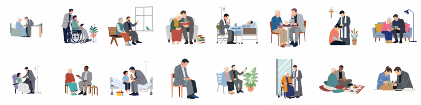 Set of flat illustrations showing a priest providing spiritual care and comfort to elderly and sick people in various settings.