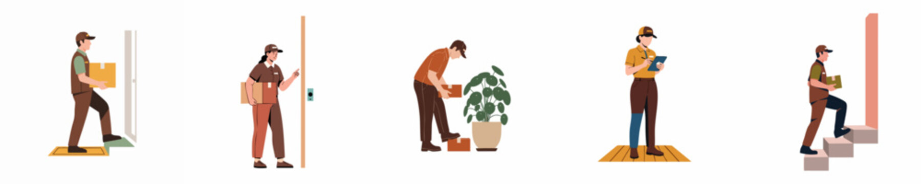 Set of flat illustrations featuring couriers in various delivery stages, including carrying parcels, ringing doorbells, and navigating with digital devices.