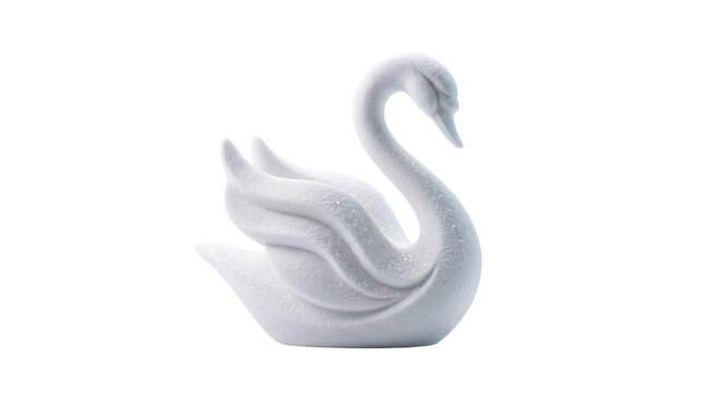 Elegant white swan figurine, minimalist porcelain bird sculpture, graceful ceramic swan statue on white background