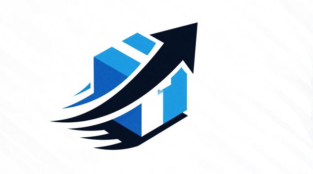 Dynamic blue delivery box logo with fast moving upward arrow. Professional logistics icon for express shipping service. Package transport concept speed growth, efficient parcel distribution for