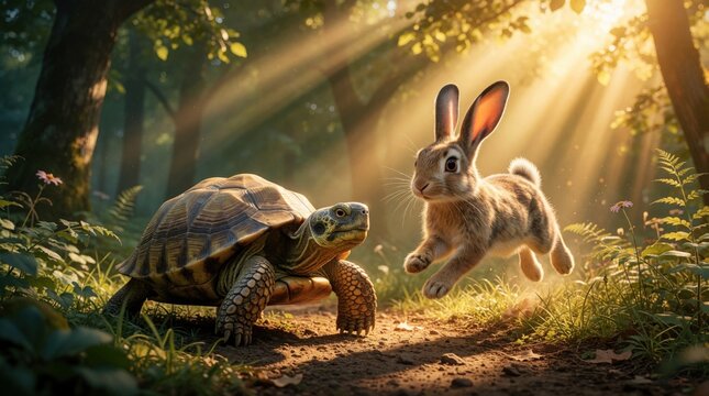 Turtle, rabbit race in sunlit forest. Slow tortoise crawls on dirt path fast bunny jumps ahead. Animals compete in nature during fable competition. Storytelling illustration of speed versus patience