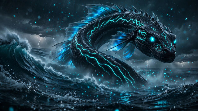 Colossal fantasy leviathan emerging from a stormy deep ocean with glowing cyan patterns, dramatic waves, and an atmospheric neon aesthetic.