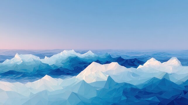 Low poly sea waves with sharp triangular water crests and blue gradient background
