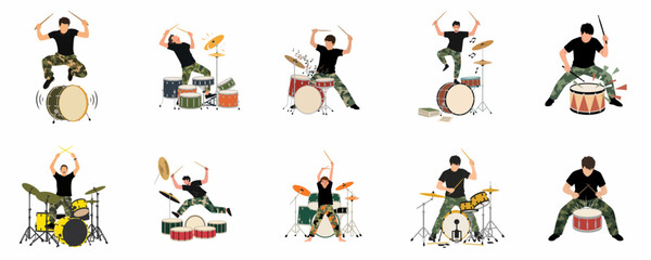 Obraz premium A set of ten illustrations showing an energetic male drummer in camouflage pants playing various drum kits in dynamic poses on a white background.