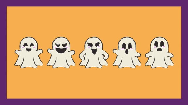 4k footage animation off cute hand drawn ghost characters jumping for halloween celebration featuring various activities and accessories in a fun doodle art style