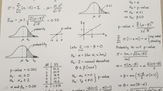 Hand-written statistical formulas and mathematical equations with normal distribution graphs and p-value calculations.