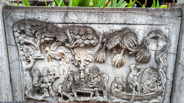 Exquisite ancient stone relief carving at Zhu Family Garden, Jianshui, Yunnan, China