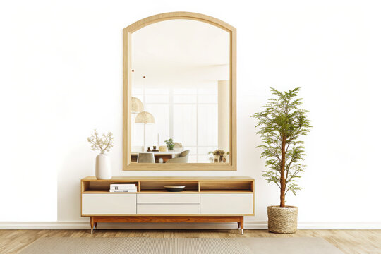 Arched mirror above wooden console table with potted plant and vase on white wall credenza sideboard