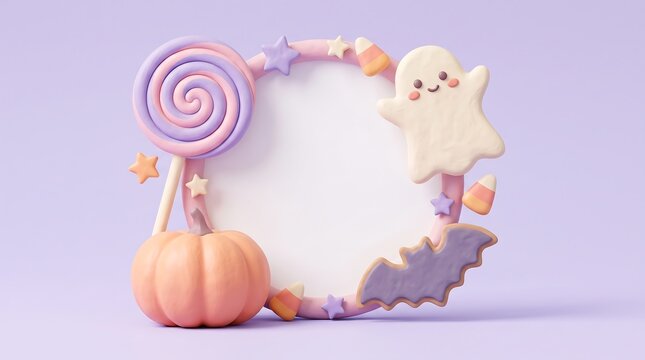 Halloween candy frame with ghost pumpkin bat and lollipop 3d rendering