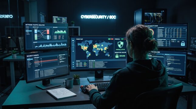 Cybersecurity analyst working in SOC monitoring network traffic and threat maps on multiple screens, digital data protection, information security officer analyzing server logs