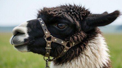 Fototapeta premium Close up profile of black, white llama. Fluffy mammal wears leather halter with metal studs in green pasture. Cute domestic animal head portrait in nature, looking sideways. Farm animal with soft