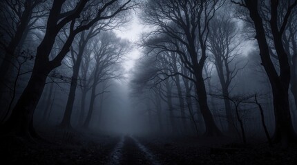 Obraz premium Dark mysterious forest covered in thick white fog. Tall leafless trees stand in misty woods under blue moonlight. Eerie atmosphere on lonely path through scary woodland landscape at night. Moody
