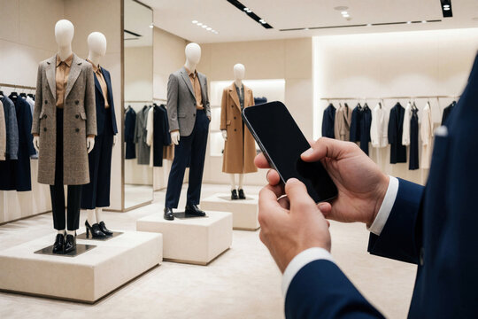 Man in suit uses smartphone in store with mannequins. He browses clothes on phone in fashion boutique. Modern retail technology connects with style.